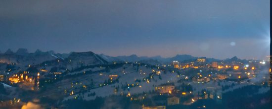 Village lights on snowy hills at dusk below a mountain range – double exposure, multiple exposure, n-fold exposure, superposition, 二重露光, 多重露光, n重露光, 重ね合わせ, 35mm black and white film, colourised, JPN_913, Stefan Paulus
